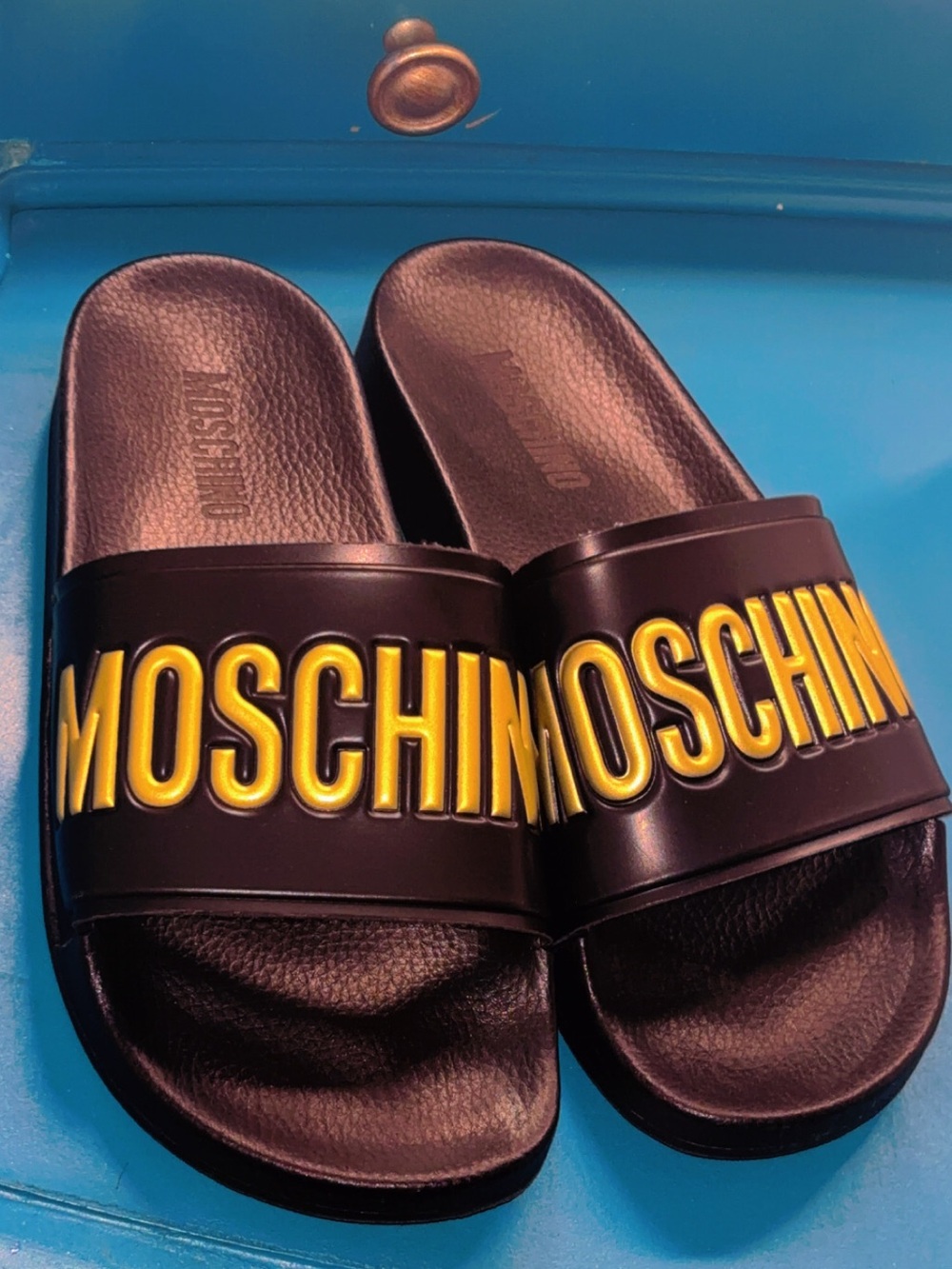 Moschino Black Slides with Yellow Raised Logo